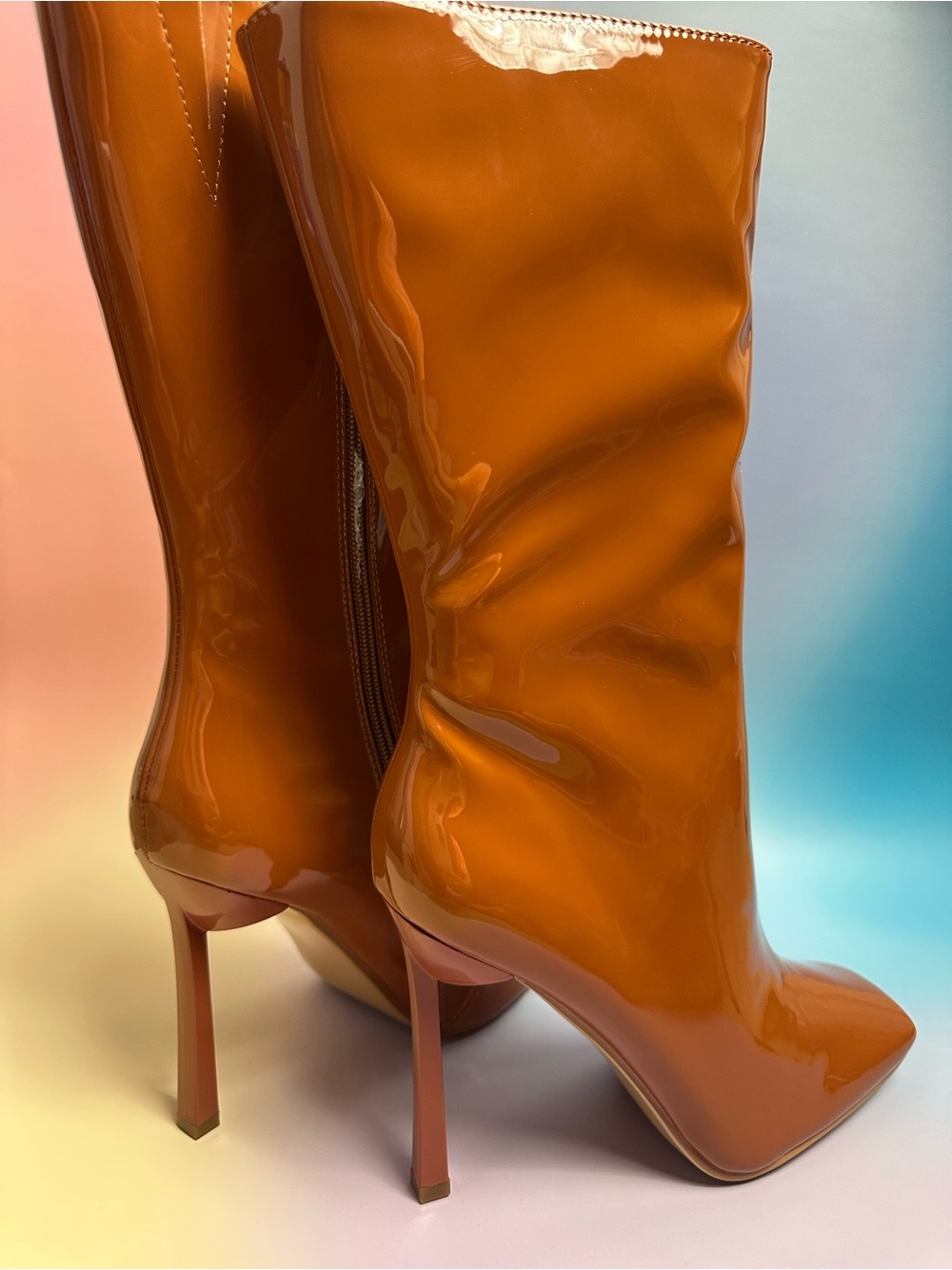 Cape Robbin Glossy Cognac Patent Mid-Calf Stiletto Boots - Picture 2 of 6